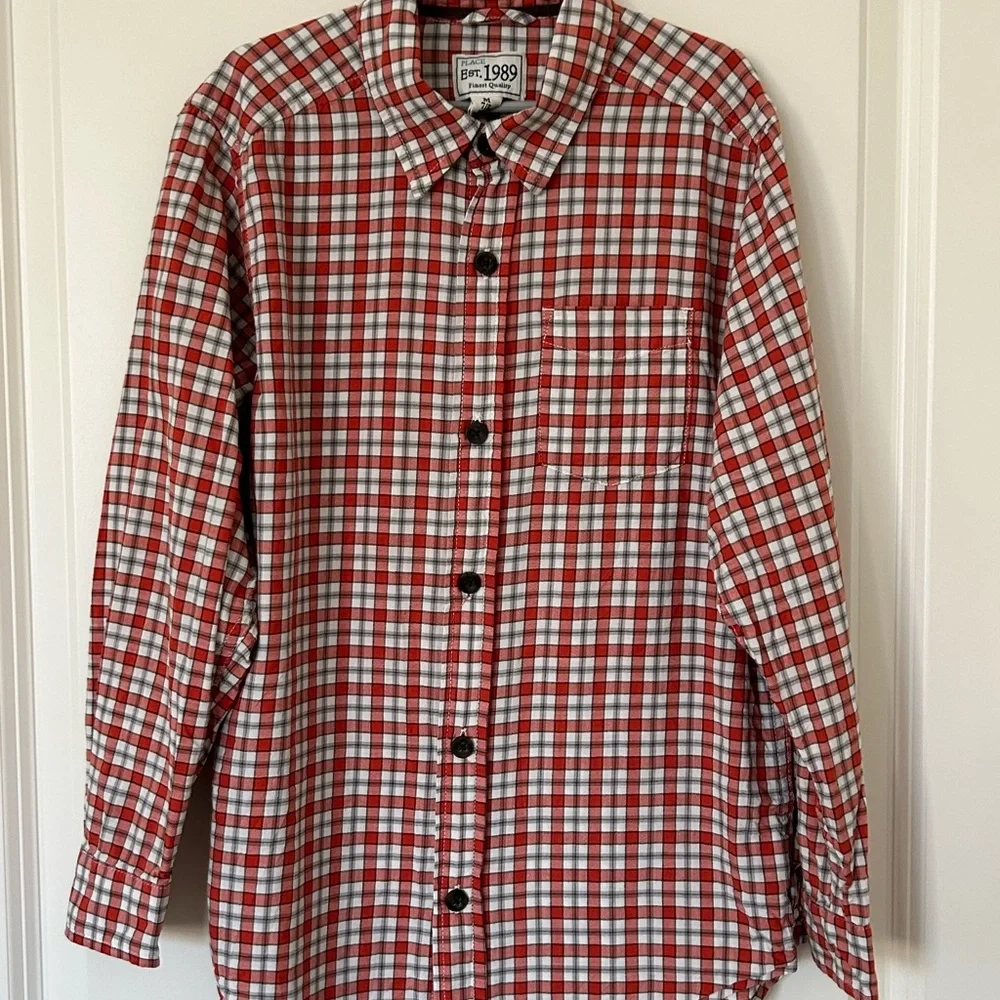 Place‎ Est. 1989 Orange White Black Plaid Boys Long Sleeve Shirt Size M 7/8